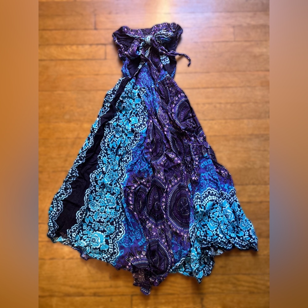 Strapless Boho Maxi Dress in Blue and Purple